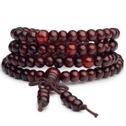 Bracelet Tibétain, Mala en perles de bois bordeaux 6mm + noeud sans fin