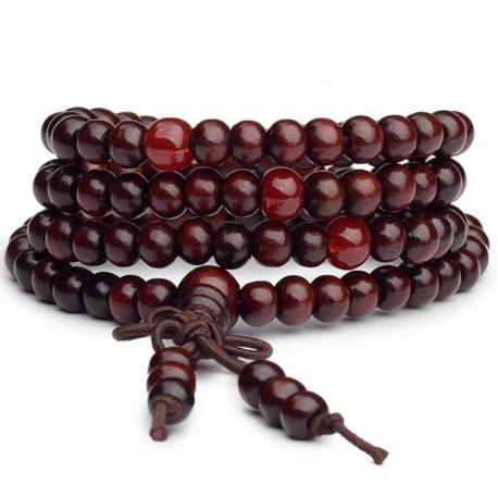 Bracelet Tibétain, Mala en perles de bois bordeaux 6mm + noeud sans fin