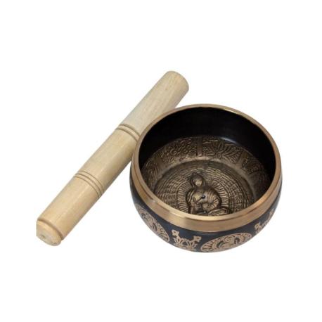 Bol Chantant Tibétain Noir et Or ø11cm | Symboles bouddhiques & mantras