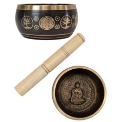 Bol Chantant Tibétain Noir et Or ø11cm | Bouddha, Arbre de Vie & Fleur de Vie