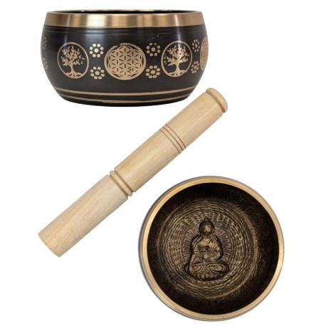 Bol Chantant Tibétain Noir et Or ø11cm | Bouddha, Arbre de Vie & Fleur de Vie