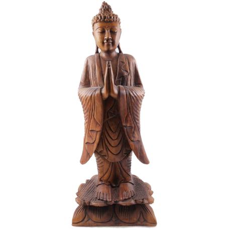 Grande statue de Bouddha Mudra Anjali debout 60cm bois massif sculpté main