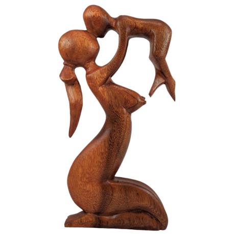 Statue abstraite Maman et Bébé 30cm en bois Teinté