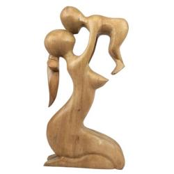 Statue abstraite Maman et Bébé 30cm en bois Brut