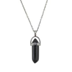 Collier acier + pendentif pointe Agate noire / Onyx