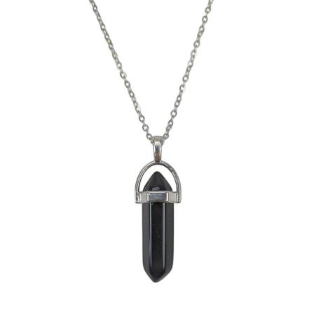 Collier acier + pendentif pointe Agate noire / Onyx
