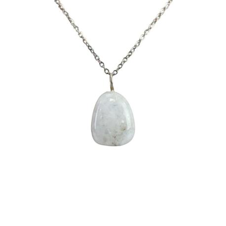 Collier Pierre de Lune Blanche AAA | Pendentif pierre roulée + chaîne acier