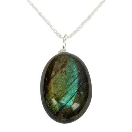 Collier Labradorite de Madagascar AAA - pendentif pierre roulée + chaîne