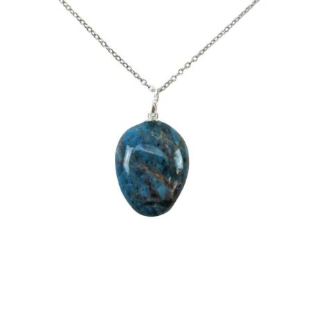 Collier Apatite bleue AAA | Pendentif pierre roulée + chaîne argentée