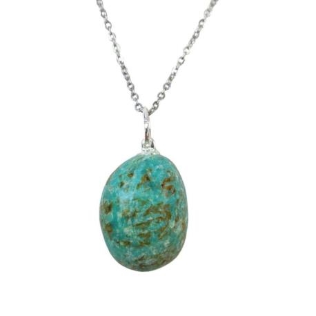 Collier Chrysocolle turquoise A | Pendentif pierre roulée + chaîne argentée