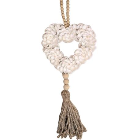 Suspension Bohème Coeur en Coquillages et Perles de Bois | Artisanat de Bali