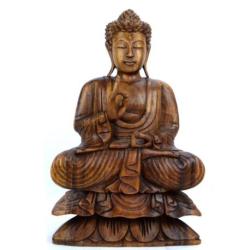 Statue de Bouddha assis sur lotus 40cm Bois sculpté main