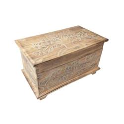 Coffre de Rangement en Bois Sculpté Main | Motif Arbre de vie