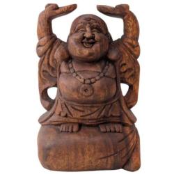 Statue Bouddha Rieur en Bois Sculpté | Sculpture Façonnée à la Main 20cm